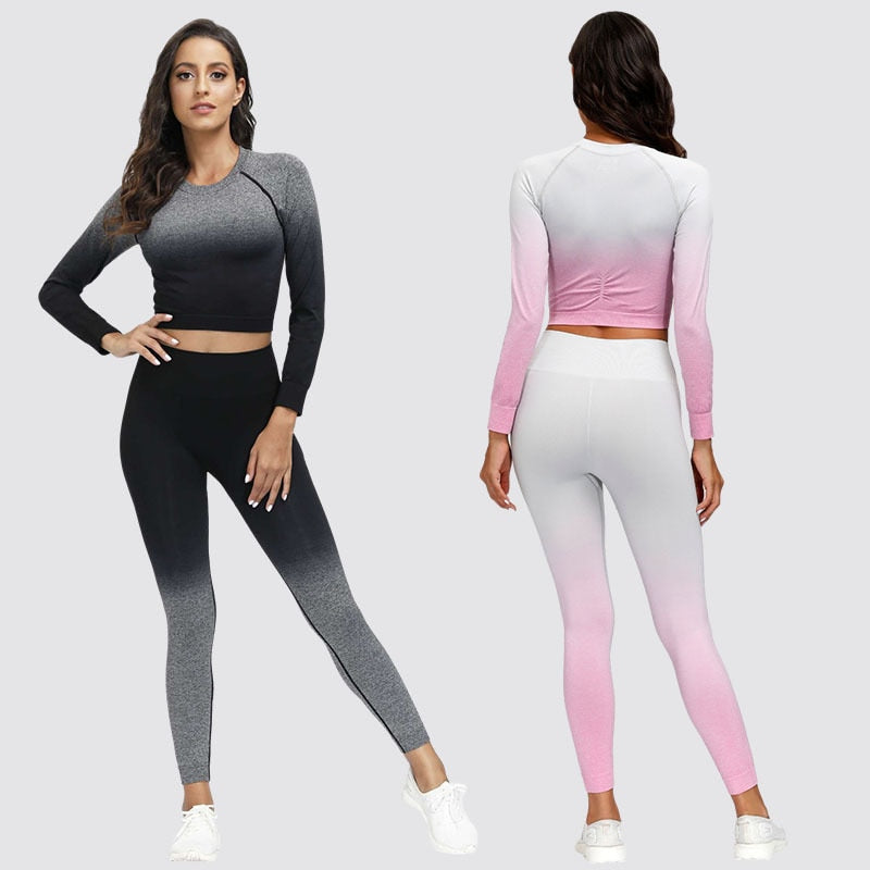 Ombre Seamless Yoga Outfit Sets Set For Women Long Sleeve Crop Top And  Running Leggings For Gym And Fitness From Debf, $35.34